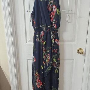 Sweet Storm Navy Blue Floral Halter High-Low Maxi Dress Large